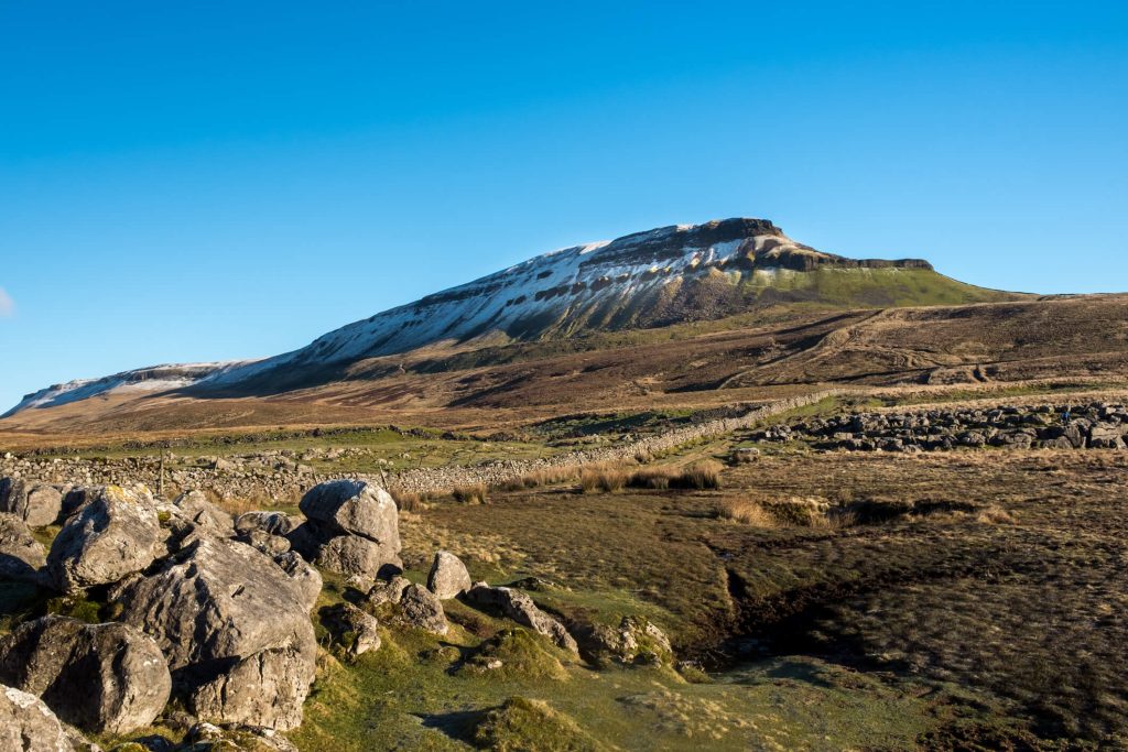 View on snowcapped Pen-y-Ghent in North Yorkshire, Thursday 28 December 2017, Yorkshire Dales, England.